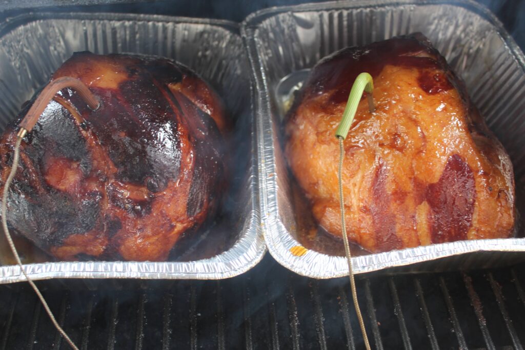 glazing the hams on the smoker