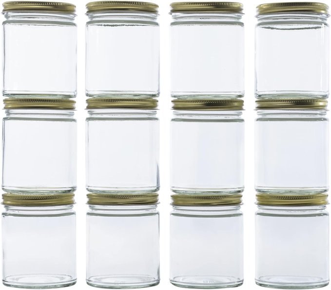 short glass jars with gold lids