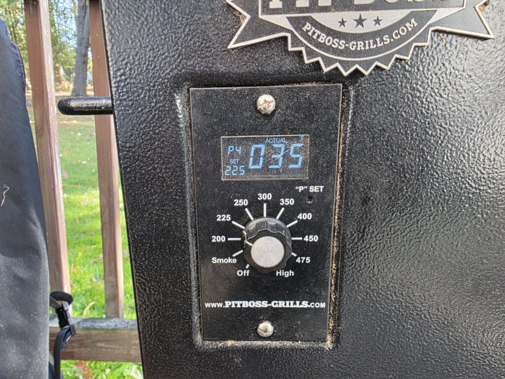 Pit Boss 440 control panel showing the set temperature at 225 and a much lower actual temperature